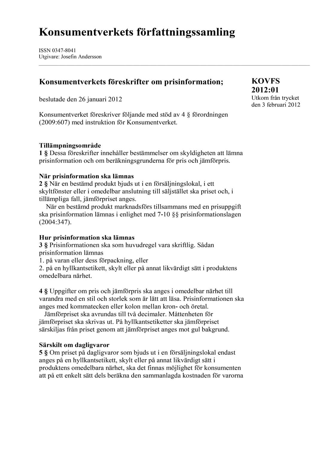 KOVFS 2012:1 Konsumentverkets föreskrifter om prisinformation
