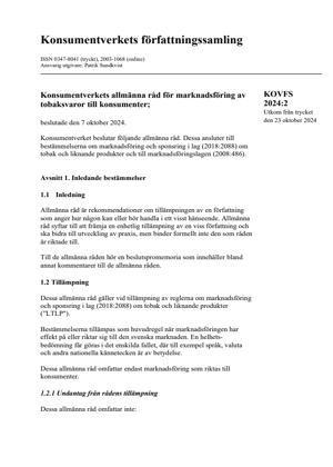 KOVFS 2024:2 Konsumentverkets allmänna råd för marknadsföring av tobaksvaror