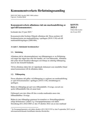 KOVFS 2025:2 Konsumentverkets allmänna råd om marknadsföring av spel
