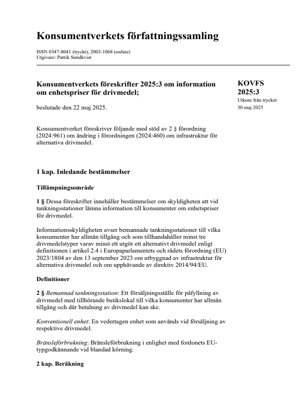 KOVFS 2025:3 Konsumentverkets föreskrifter om information om enhetspriser för drivmedel