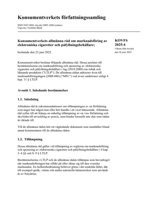 KOVFS 2025:4 Konsumentverkets allmänna råd om marknadsföring av elektroniska cigaretter och påfyllningsbehållare
