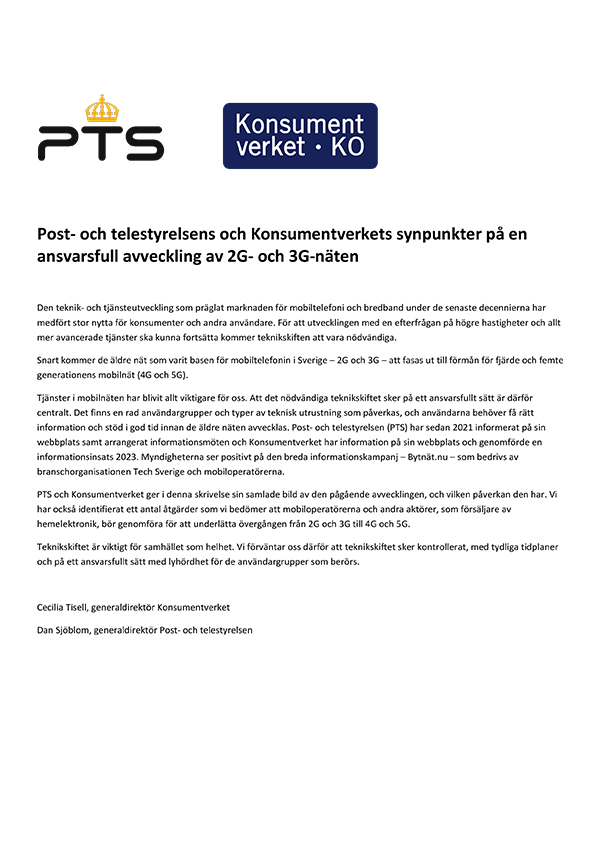 Post- och telestyrelsens och Konsumentverkets synpunkter på en ansvarsfull avveckling av 2G- och 3G-näten