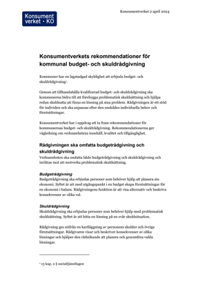 Rekommendationer för den kommunala budget- och skuldrådgivningen