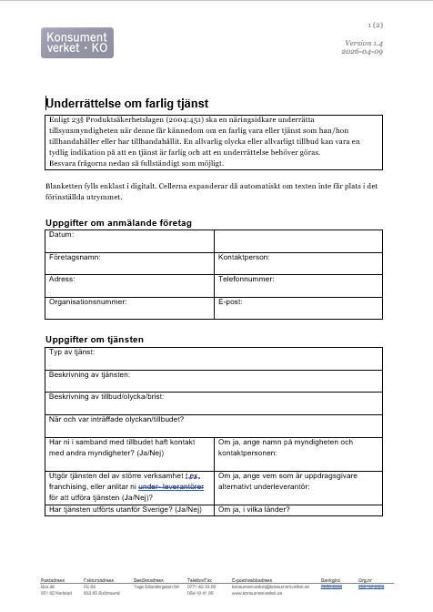 Blankett om underrättelse om farlig tjänst - för företag