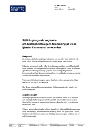Ställningstagande angående produktsäkerhetslagens tillämpning på vissa tjänster i kommunal verksamhet 